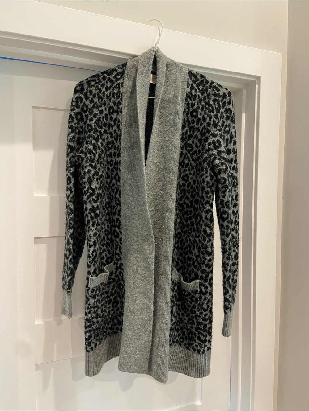 LOFT Gray Leopard Print Open-Front Cardigan